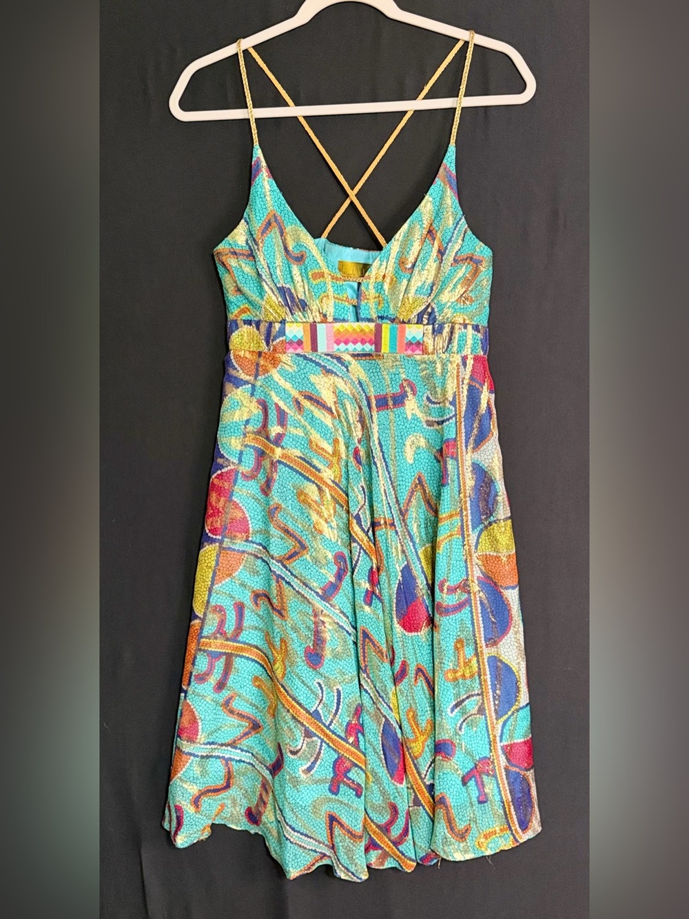 Nicole Miller Silk Lurex Turquoise Multicolor Beaded Midi Dress retro western